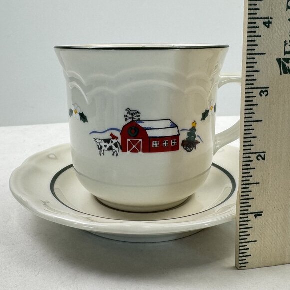 Vtg Set of 2 Pfaltzgraff Snow Village Christmas Farmhouse Coffee Mug Saucer Set - Picture 10 of 16